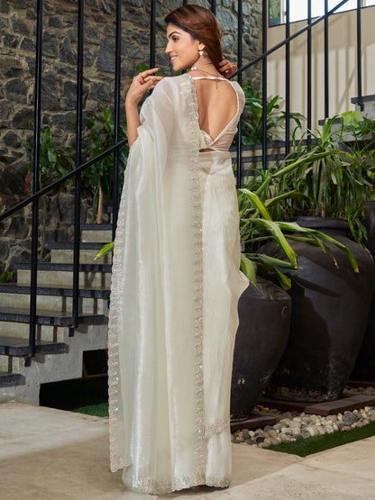 Women's Organza Off White Embellished Designer Saree With Blouse Piece