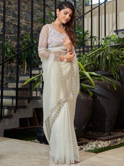 Women's Organza Off White Embellished Designer Saree With Blouse Piece