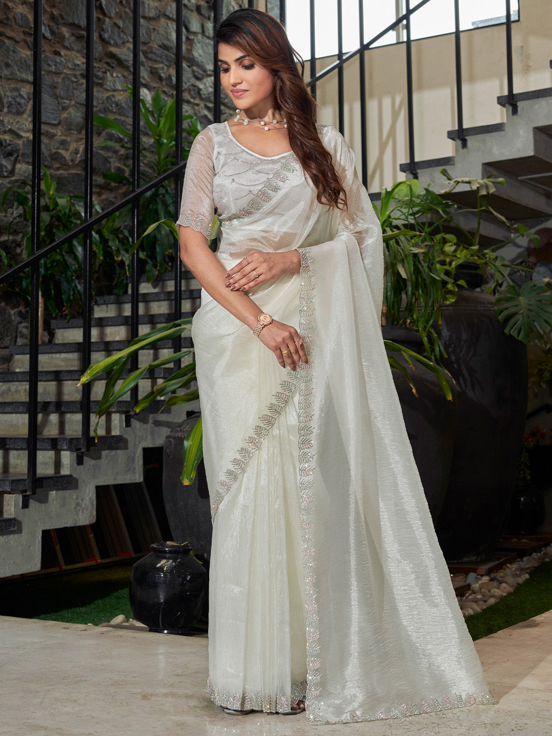 Women's Organza Off White Embellished Designer Saree With Blouse Piece