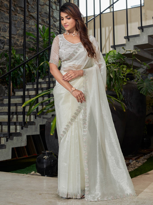 Women's Organza Off White Embellished Designer Saree With Blouse Piece