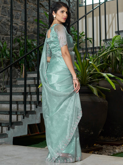 Women's Organza Sea Green Embellished Designer Saree With Blouse Piece