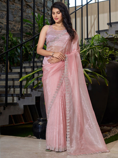 Women's Organza Pink Embellished Designer Saree With Blouse Piece