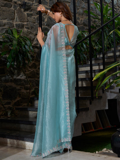 Women's Organza Light Blue Embellished Designer Saree With Blouse Piece