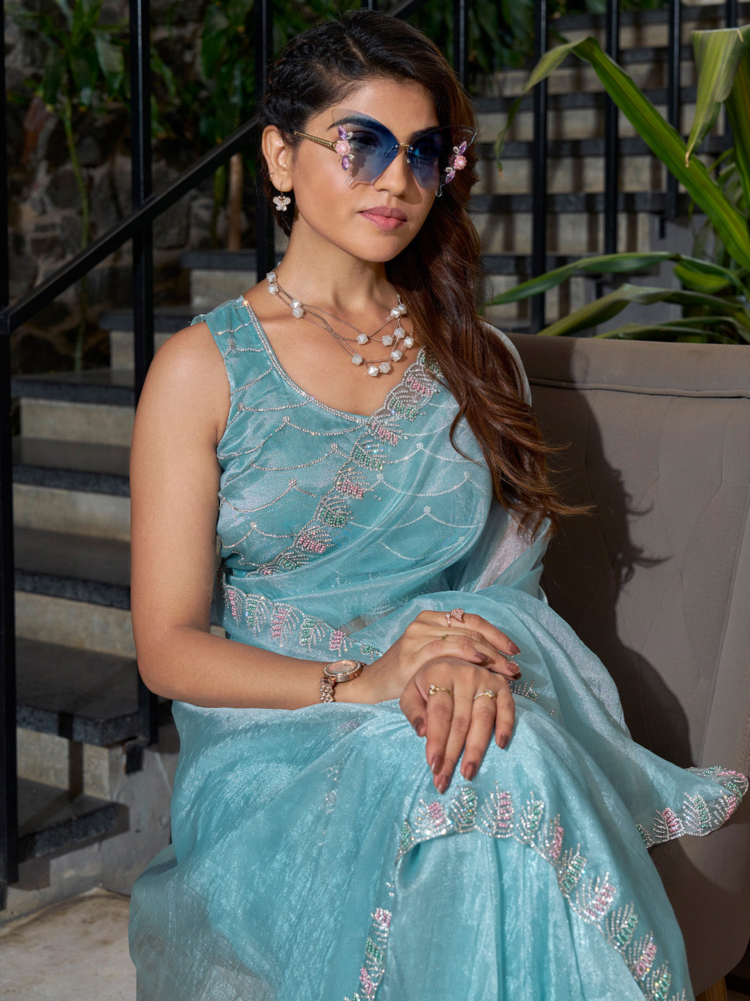 Women's Organza Light Blue Embellished Designer Saree With Blouse Piece