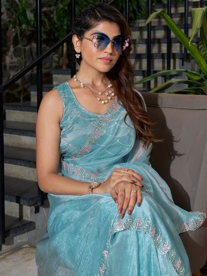Women's Organza Light Blue Embellished Designer Saree With Blouse Piece