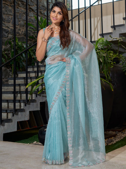 Women's Organza Light Blue Embellished Designer Saree With Blouse Piece