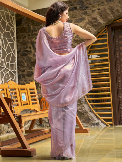 Women's Organza Lavendar Embellished Designer Saree With Blouse Piece