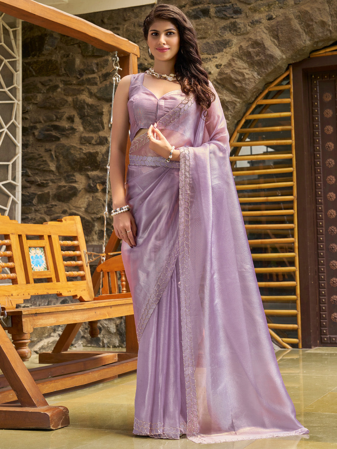 Women's Organza Lavendar Embellished Designer Saree With Blouse Piece