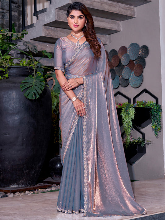 Women's Pure Chiffon Violet Embellished Designer Saree With Blouse Piece
