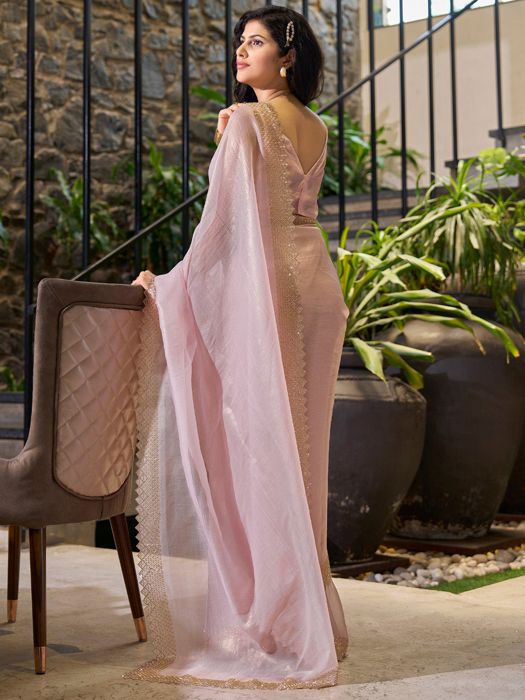 Women's Organza Pink Embellished Designer Saree With Blouse Piece