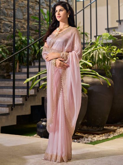 Women's Organza Pink Embellished Designer Saree With Blouse Piece