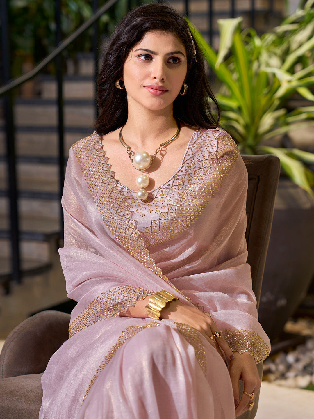 Women's Organza Pink Embellished Designer Saree With Blouse Piece