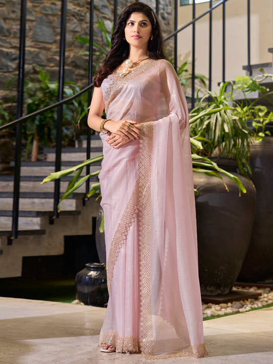 Women's Organza Pink Embellished Designer Saree With Blouse Piece