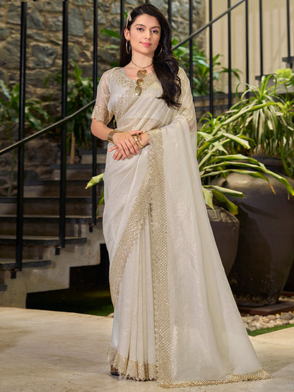 Women's Organza Cream Embellished Designer Saree With Blouse Piece