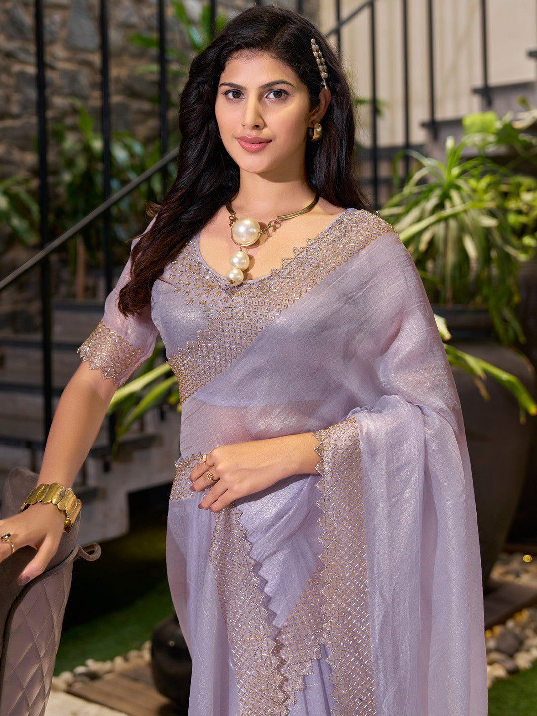 Women's Organza Lavendar Embellished Designer Saree With Blouse Piece