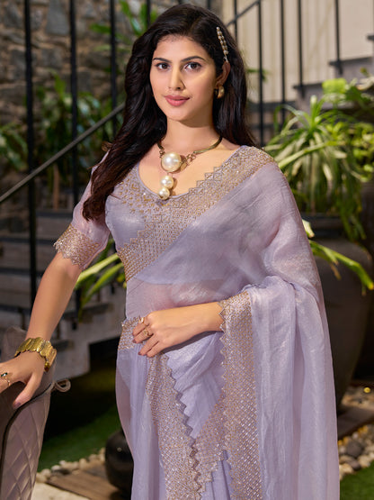 Women's Organza Lavendar Embellished Designer Saree With Blouse Piece