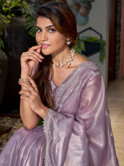 Women's Organza Lavendar Embellished Designer Saree With Blouse Piece