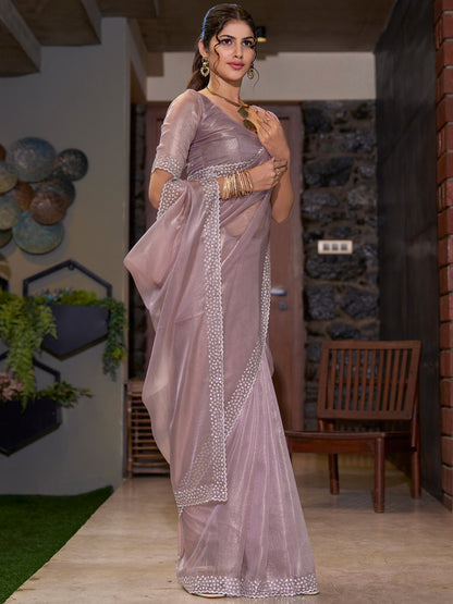 Women's Organza Mauve Embellished Designer Saree With Blouse Piece