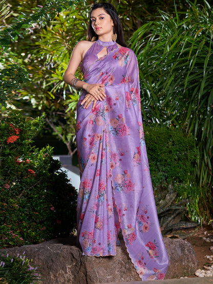 Women's Silk Blend Lavendar Embellished Designer Saree With Blouse Piece