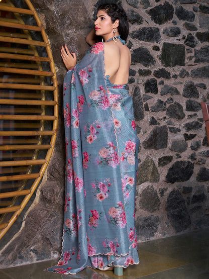 Women's Silk Blend Blue Embellished Designer Saree With Blouse Piece