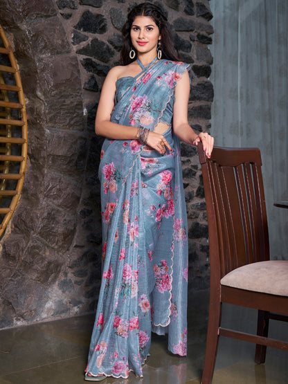 Women's Silk Blend Blue Embellished Designer Saree With Blouse Piece