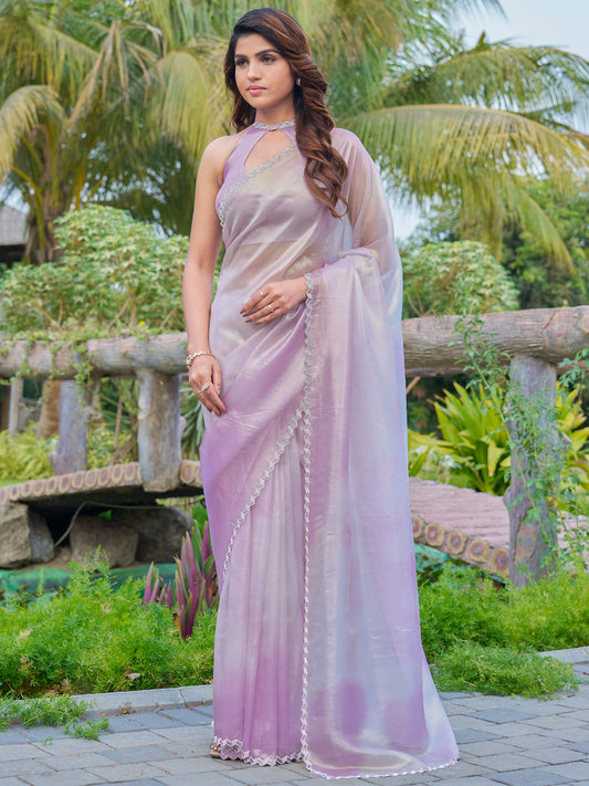Women's Organza Lavendar Embellished Designer Saree With Blouse Piece