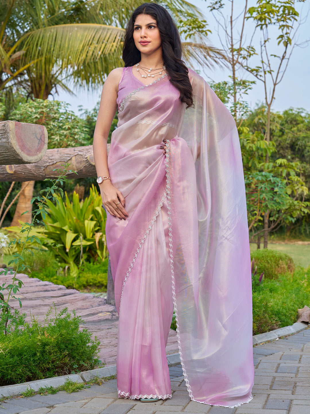 Women's Organza Mauve Embellished Designer Saree With Blouse Piece