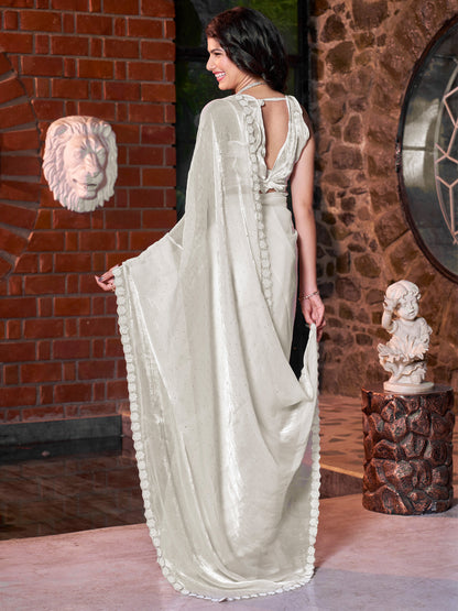 Women's Satin Silk Off White Embellished Designer Saree With Blouse Piece