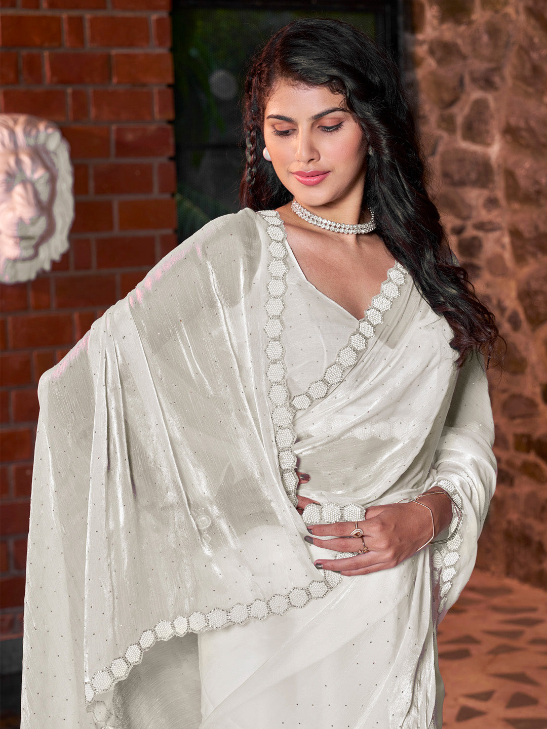 Women's Satin Silk Off White Embellished Designer Saree With Blouse Piece