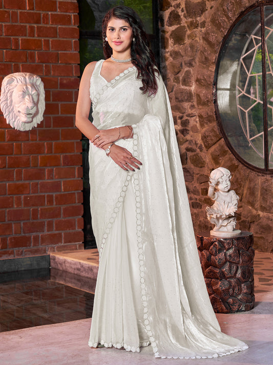 Women's Satin Silk Off White Embellished Designer Saree With Blouse Piece
