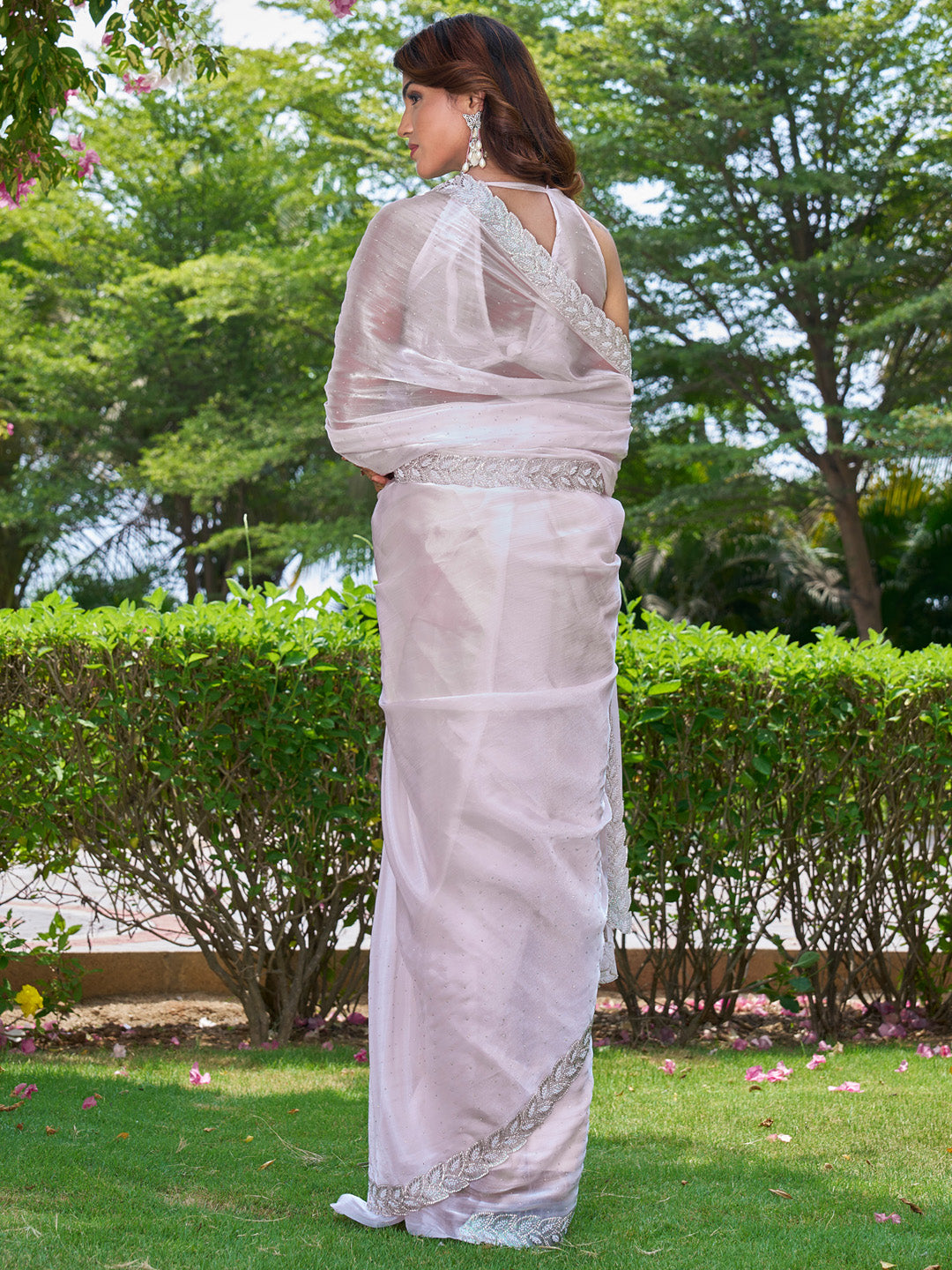 Women's Pure Chiffon Pink Embellished Designer Saree With Blouse Piece