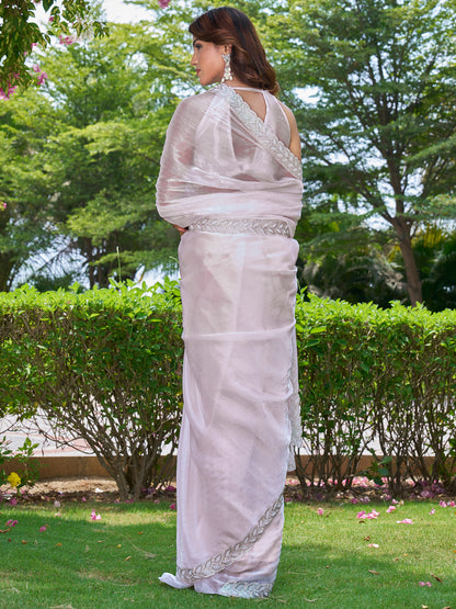 Women's Pure Chiffon Pink Embellished Designer Saree With Blouse Piece