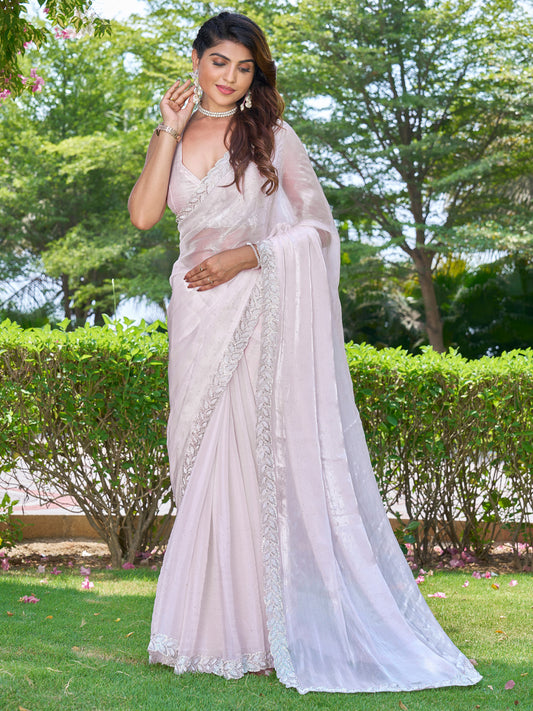 Women's Pure Chiffon Pink Embellished Designer Saree With Blouse Piece