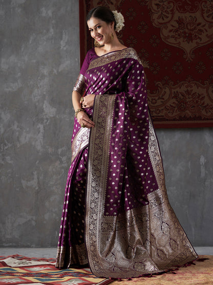 Women's Silk Blend Purple Woven Design Designer Saree With Blouse Piece
