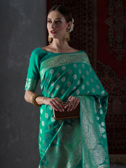 Women's Silk Blend Sea Green Woven Design Designer Saree With Blouse Piece