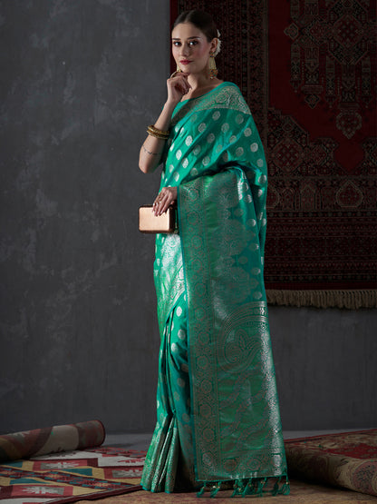 Women's Silk Blend Sea Green Woven Design Designer Saree With Blouse Piece