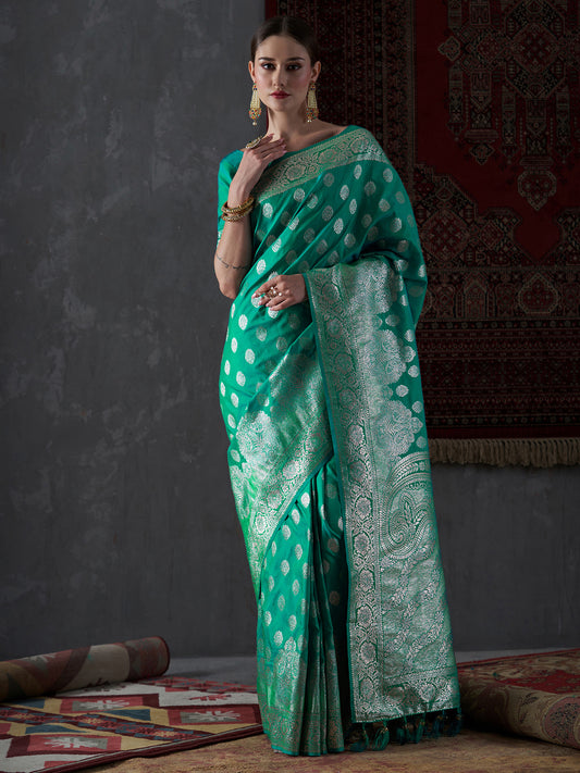 Women's Silk Blend Sea Green Woven Design Designer Saree With Blouse Piece