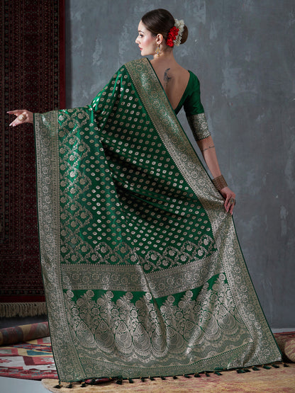 Women's Silk Blend Green Woven Design Designer Saree With Blouse Piece