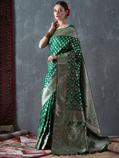 Women's Silk Blend Green Woven Design Designer Saree With Blouse Piece