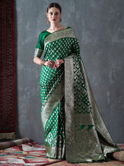 Women's Silk Blend Green Woven Design Designer Saree With Blouse Piece