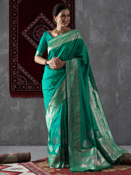 Women's Silk Blend Sea Green Woven Design Designer Saree With Blouse Piece