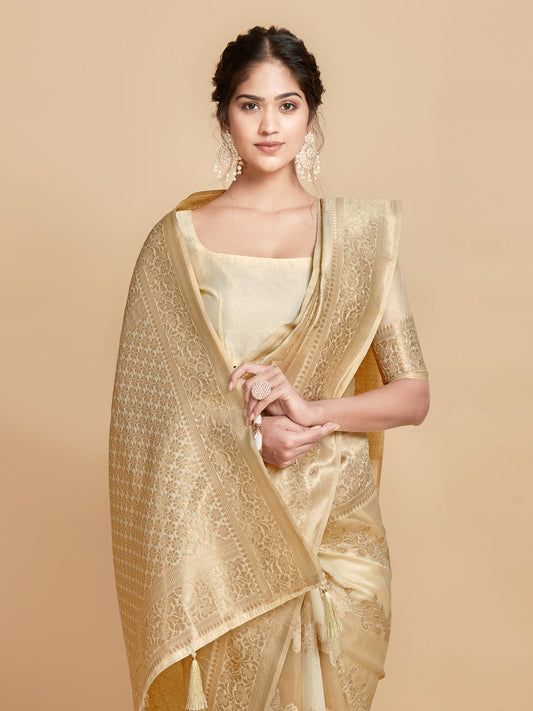 Dhiyona GR Women's Maira Sepia Beige Leheriya Zari Woven Design Linen Saree