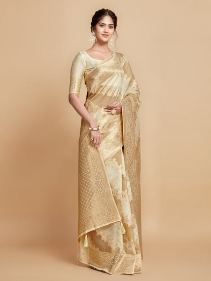 Dhiyona GR Women's Maira Sepia Beige Leheriya Zari Woven Design Linen Saree