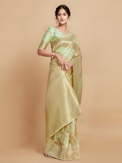 Dhiyona GR Women's Maira Mint Green Leheriya Zari Woven Design Linen Saree