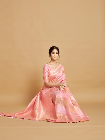 Dhiyona GR Women's Maira Bubblegum Pink Leheriya Zari Woven Design Linen Saree