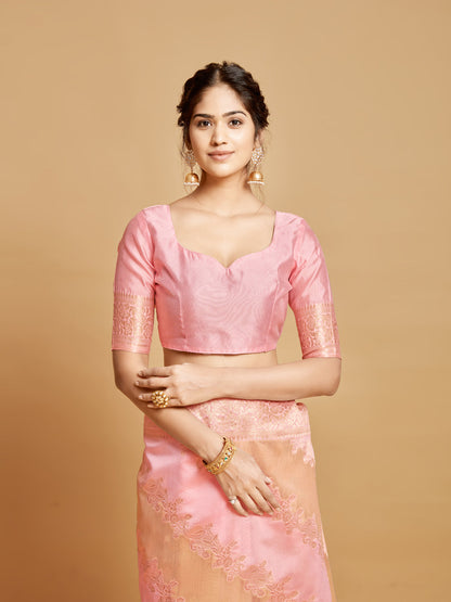 Dhiyona GR Women's Maira Bubblegum Pink Leheriya Zari Woven Design Linen Saree