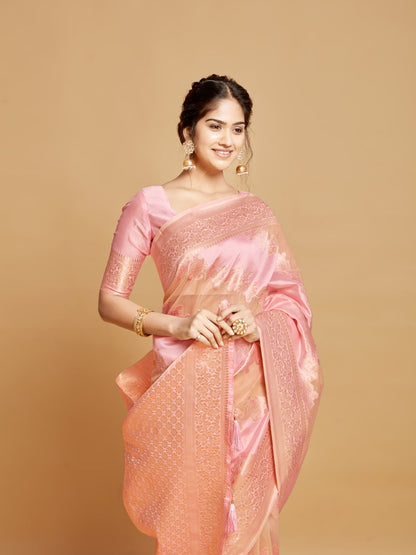 Dhiyona GR Women's Maira Bubblegum Pink Leheriya Zari Woven Design Linen Saree