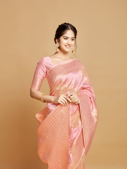 Dhiyona GR Women's Maira Bubblegum Pink Leheriya Zari Woven Design Linen Saree
