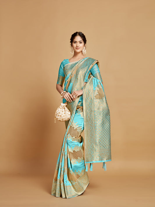 Dhiyona GR Women's Maira Cyan Blue Leheriya Zari Woven Design Linen Saree