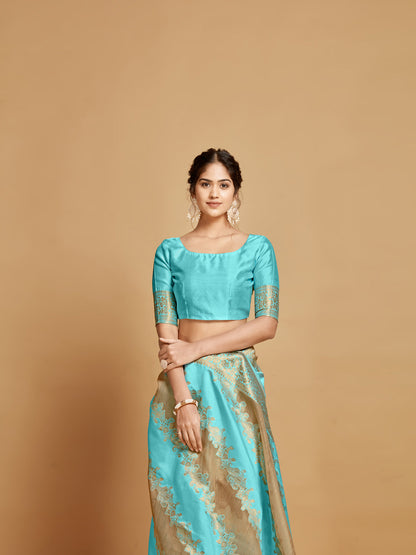 Dhiyona GR Women's Maira Cyan Blue Leheriya Zari Woven Design Linen Saree